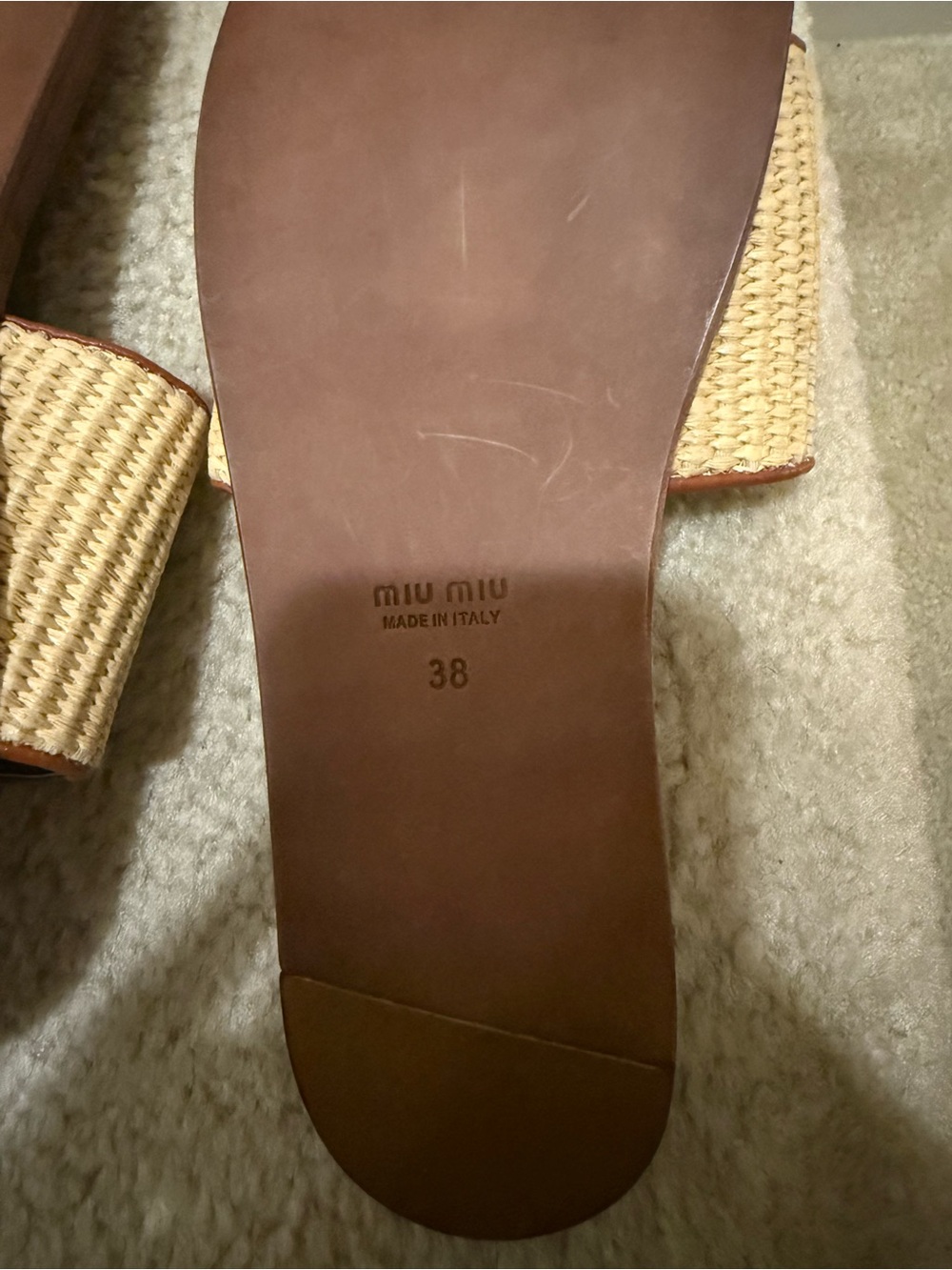 Miu Miu Brown Leather Raffia Slide Sandals - Picture 4 of 5